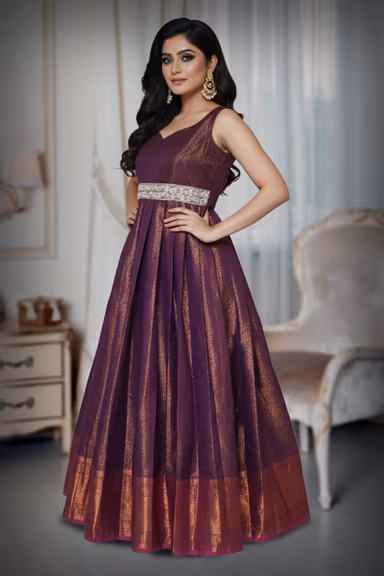 Purple shade Brocade silk gown — view 3 of 4