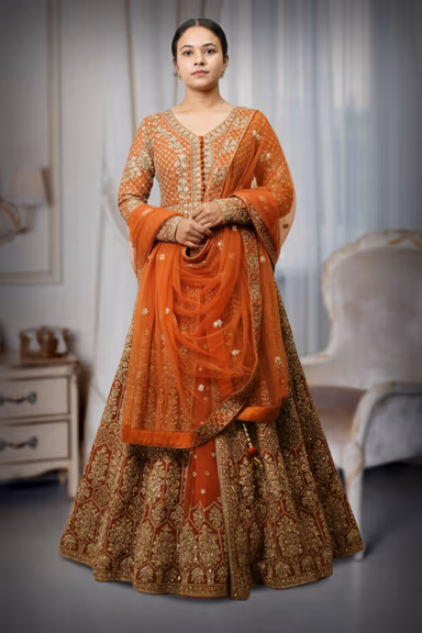 Radiant Gold Patterns Beautifully Contrast Against The Elegant Dark Orange Fabric Of This Lehenga — view 2 of 4