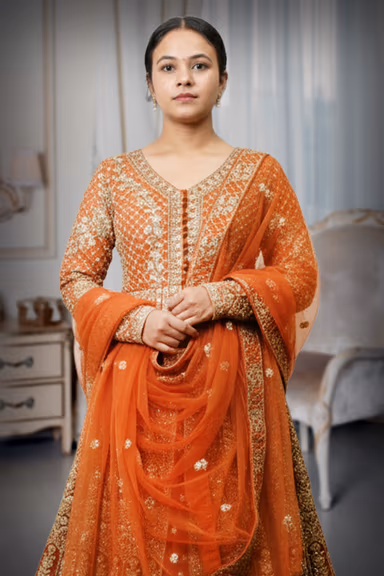 Radiant Gold Patterns Beautifully Contrast Against The Elegant Dark Orange Fabric Of This Lehenga — view 1 of 4