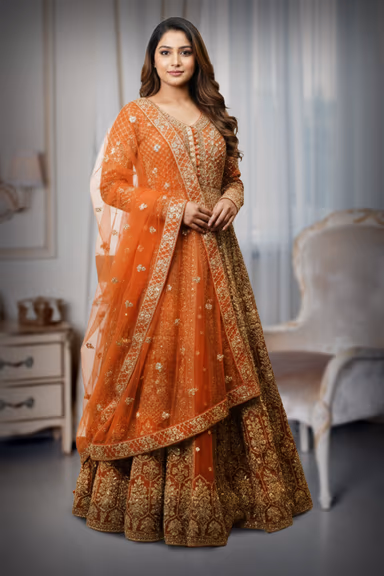 Radiant Gold Patterns Beautifully Contrast Against The Elegant Dark Orange Fabric Of This Lehenga — view 3 of 4