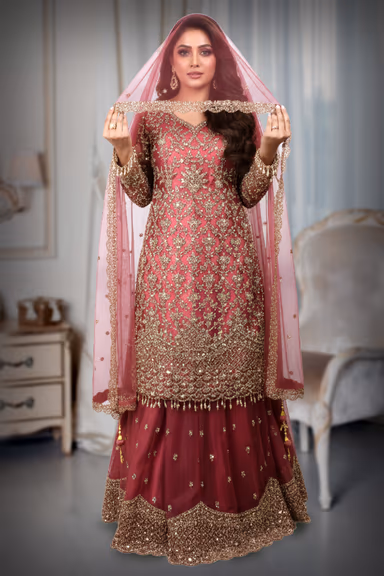 Radiant Gold Patterns Beautifully Contrast Against The Elegant Dark Mauve Fabric Of This Lehenga — view 2 of 7