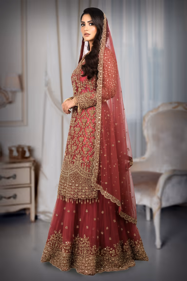 Radiant Gold Patterns Beautifully Contrast Against The Elegant Dark Mauve Fabric Of This Lehenga — view 6 of 7