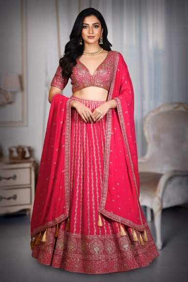 Rani Pink Pre Wedding Lehenga With Golden Embellishment Detail And Same Color Dupatta — view 2 of 2