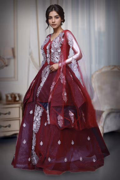 Red Net Gown With Heavy Embellished Golden Stone Work In Yoke Part — view 1 of 2