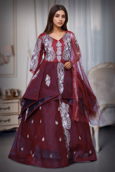 Red Net Gown With Heavy Embellished Golden Stone Work In Yoke Part — view 2 of 2