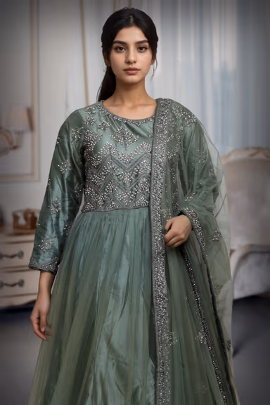 Sea Green Bridal Gown With Stone Work Embellishment Along With Same Color Dupatta — view 1 of 3
