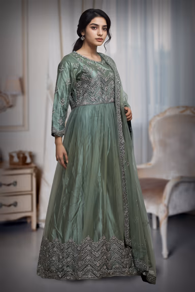 Sea Green Bridal Gown With Stone Work Embellishment Along With Same Color Dupatta — view 3 of 3