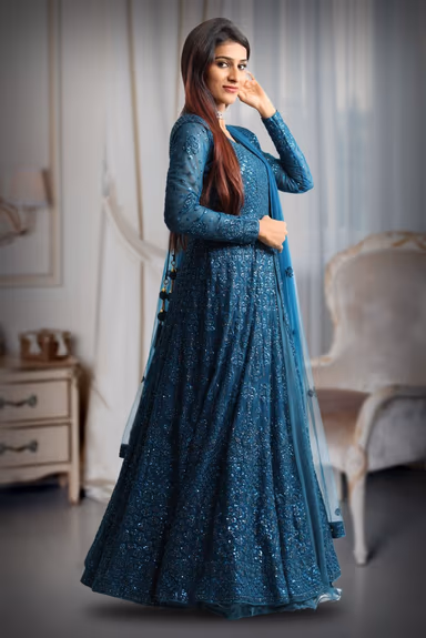 Spruce blue colour shimmery full sleeve gown with same colour dupatta — view 4 of 5