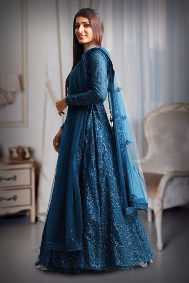 Spruce blue colour shimmery full sleeve gown with same colour dupatta — view 3 of 5