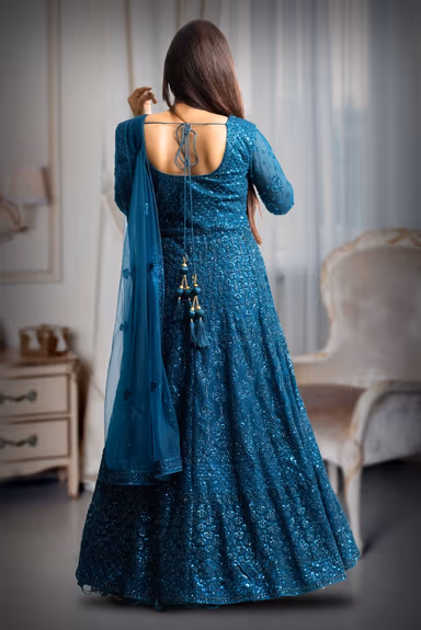 Spruce blue colour shimmery full sleeve gown with same colour dupatta — view 5 of 5