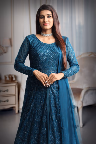 Spruce blue colour shimmery full sleeve gown with same colour dupatta — view 1 of 5