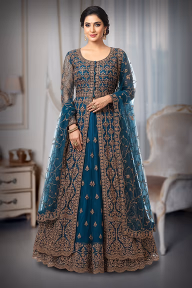 Spruce Blue Pre Wedding Gown With Thread And Sequins Embroidery All Over The Gown — view 2 of 5