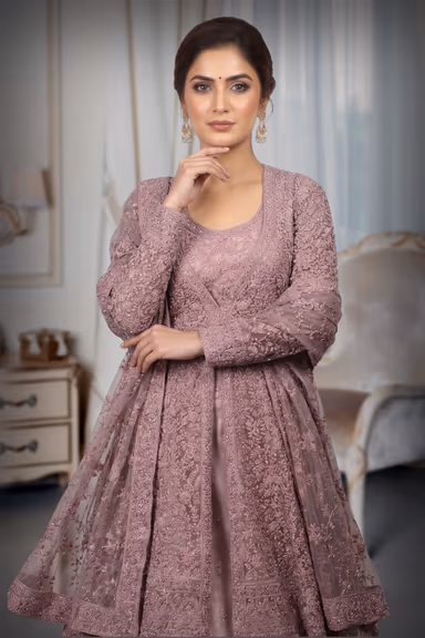 Heavy Stone Worked Jacket Anarkali Lehenga In Pastel Mauve Colour With Long Tail , Skirt And Same Colour… — view 1 of 3
