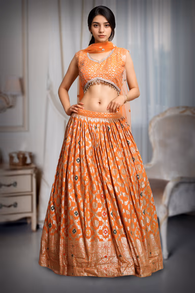 Tangerine Orange Lehenga With Multi Color Embellishments Detail In Skirt Part Along With Crop Top And Same… — view 2 of 2