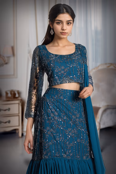 Teal Blue Intricate Sequin Detailed Mermaid Cut Lehenga With Same Color Crop Top And Dupatta — view 1 of 3