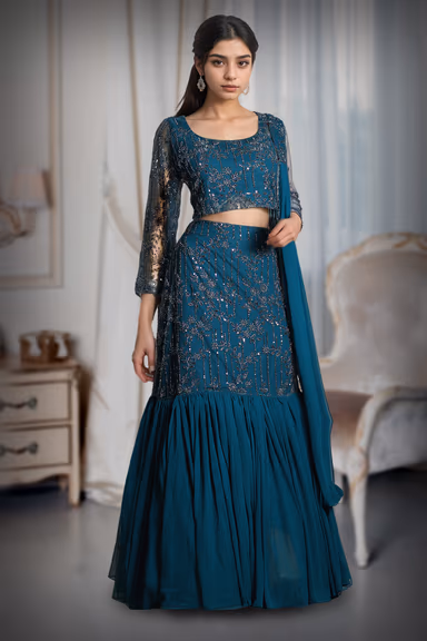 Teal Blue Intricate Sequin Detailed Mermaid Cut Lehenga With Same Color Crop Top And Dupatta — view 3 of 3