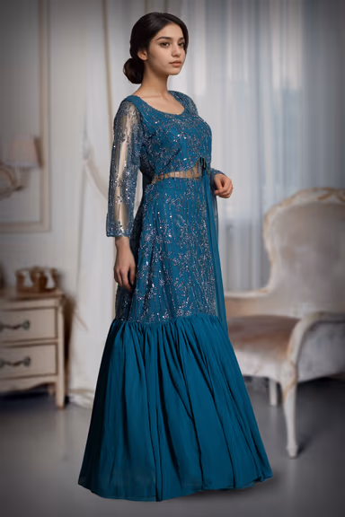 Teal Blue Intricate Sequin Detailed Mermaid Cut Lehenga With Same Color Crop Top And Dupatta — view 2 of 3