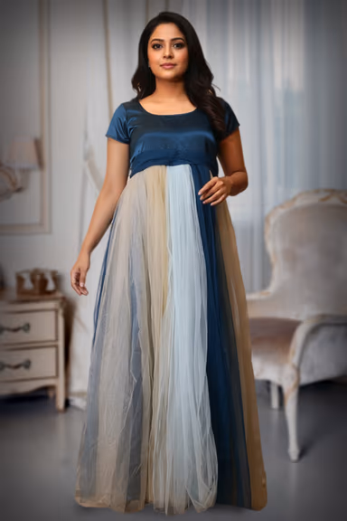 Teal and Multi-Tone Color Block Net Gown with Satin Bodice — view 2 of 3