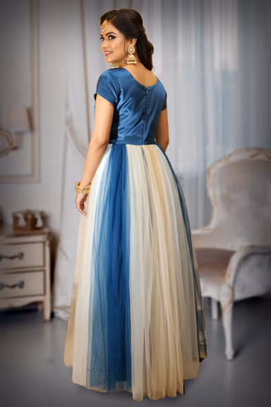 Teal and Multi-Tone Color Block Net Gown with Satin Bodice — view 3 of 3
