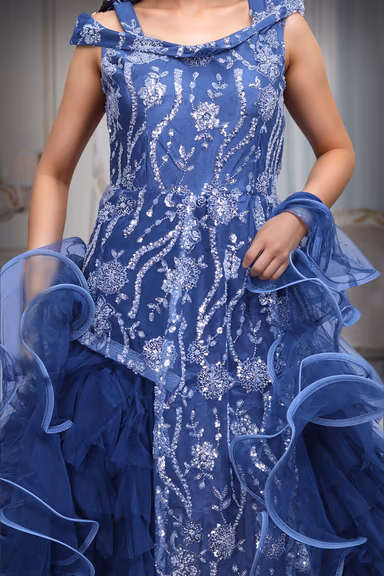 Heavy Threadworked Net Frill Royal Gown With Detailed Sleeve Embellishments — view 4 of 4