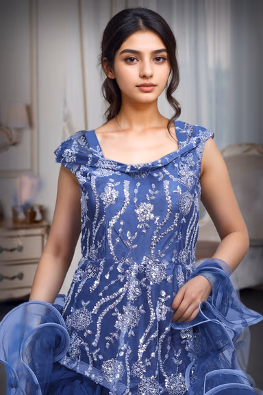 Heavy Threadworked Net Frill Royal Gown With Detailed Sleeve Embellishments — view 1 of 4