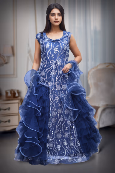 Heavy Threadworked Net Frill Royal Gown With Detailed Sleeve Embellishments — view 2 of 4