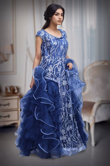 Heavy Threadworked Net Frill Royal Gown With Detailed Sleeve Embellishments — view 3 of 4