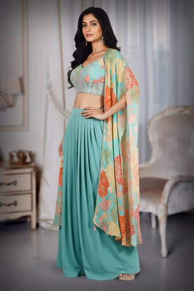 Turquoise Indo-Western Skirt & Cape Set with Embellished Blouse & Floral Cape — view 3 of 3