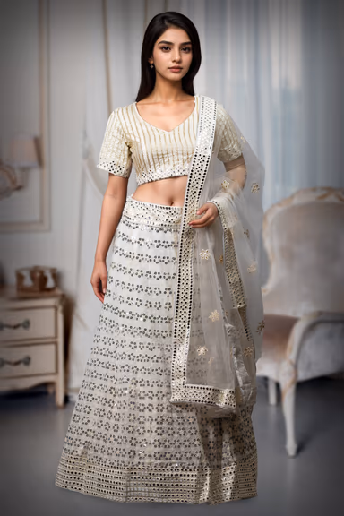 White Georgette Lehenga With Exquisite Mirror Work With Heavy Detailed Blouse And Same Colour Dupatta — view 2 of 2