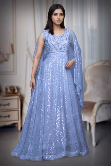 White Sequin Worked Gown With Single Hand Cape Sleeve Details — view 2 of 4