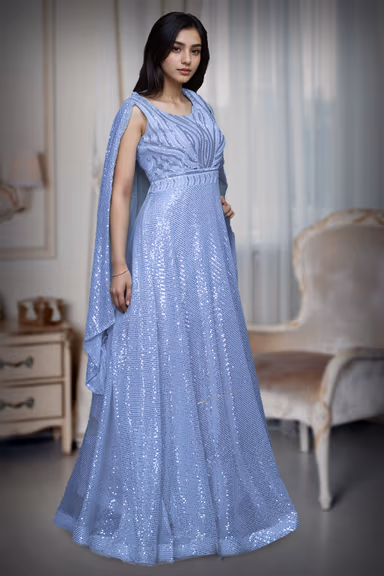 White Sequin Worked Gown With Single Hand Cape Sleeve Details — view 3 of 4
