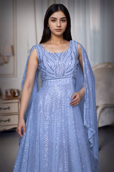 White Sequin Worked Gown With Single Hand Cape Sleeve Details — view 1 of 4