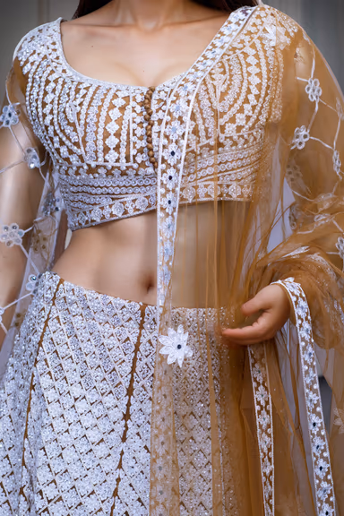 White Threadwork Embellished Dark Ochre Pre Wedding Lehenga — view 3 of 3