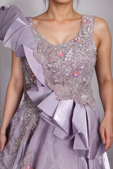 Wisteria Purple Tissue Silk Gown With Pleats Embellishment From Shoulder To Waist — view 3 of 3