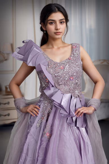 Wisteria Purple Tissue Silk Gown With Pleats Embellishment From Shoulder To Waist — view 1 of 3