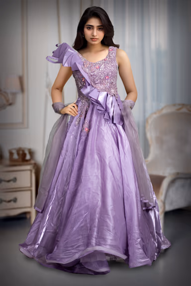 Wisteria Purple Tissue Silk Gown With Pleats Embellishment From Shoulder To Waist — view 2 of 3