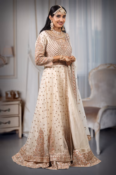 Heavy Worked Off White Bridal Gown With Stone Work Embellishment — view 3 of 4
