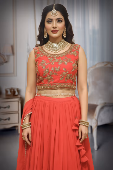 Heavy Worked tops  along with the flaryskirt and heavy worked full sleve overcoat and pearl worked dhuppatta — view 1 of 3