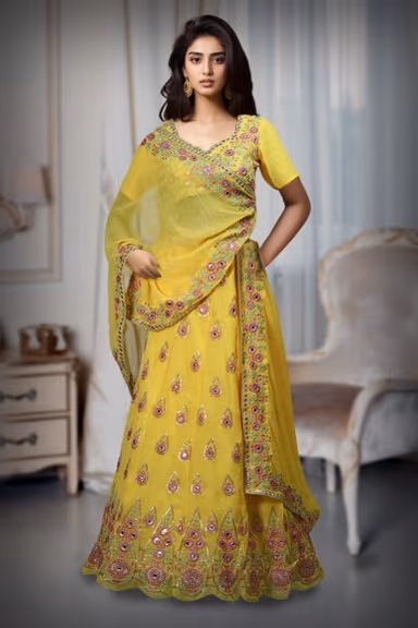 Yellow Georgette Mirror Work And Threadword Embellished Lehenga — view 2 of 2