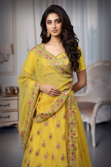 Yellow Georgette Mirror Work And Threadword Embellished Lehenga — view 1 of 2