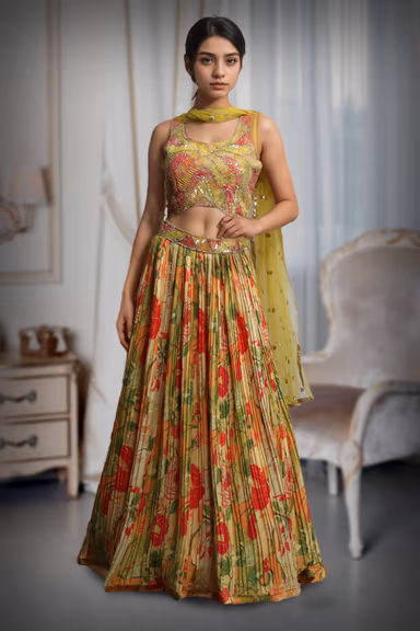 Yellow Multi Color Crop Top Lehenga With Same Color Dupatta — view 2 of 3