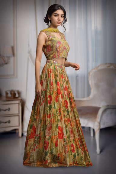Yellow Multi Color Crop Top Lehenga With Same Color Dupatta — view 3 of 3