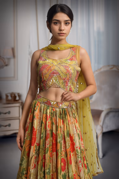 Yellow Multi Color Crop Top Lehenga With Same Color Dupatta — view 1 of 3