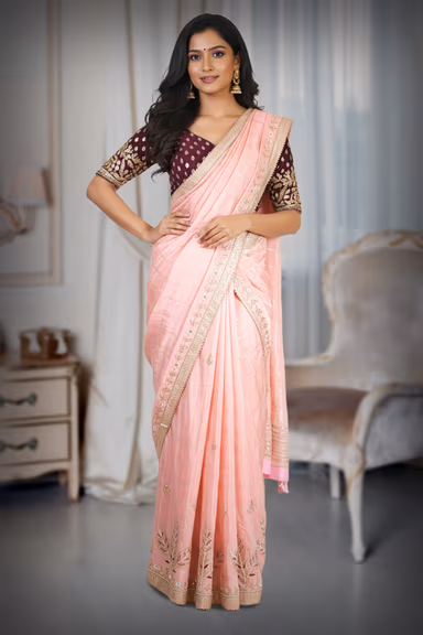 Blush Pink Half Saree With Maroon Blouse — view 2 of 2