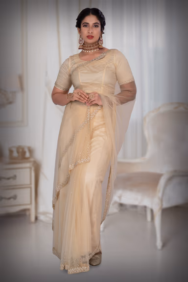 Cream  Net  Saree — view 2 of 6