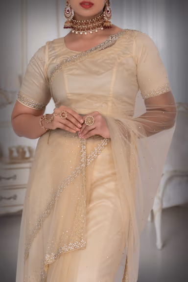 Cream  Net  Saree — view 3 of 6