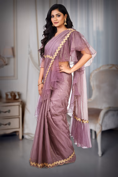 Mauve Organza Ruffle Lehenga Saree — view 3 of 4