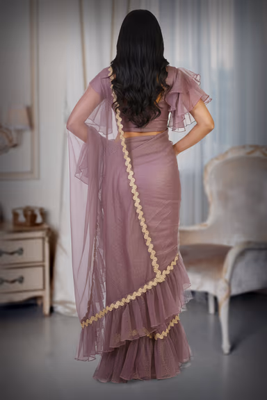Mauve Organza Ruffle Lehenga Saree — view 4 of 4