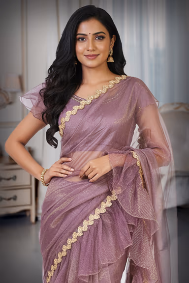 Mauve Organza Ruffle Lehenga Saree — view 1 of 4