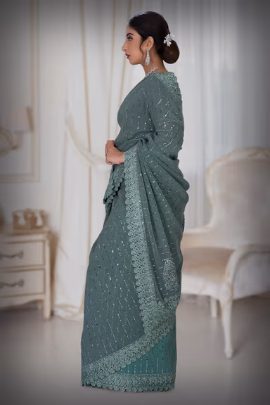 Russian Green  Glitter Net  Saree — view 5 of 6